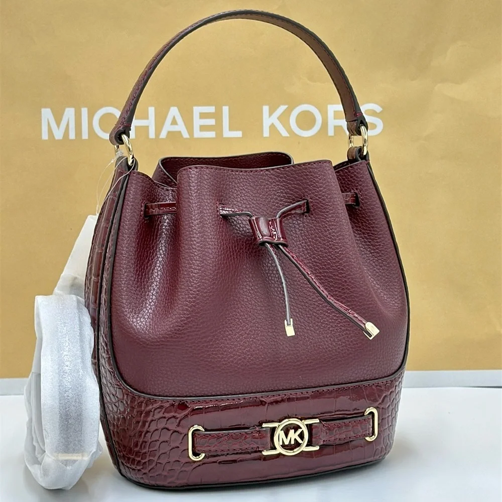 MICHAEL KORS  Reed Medium Pebbled Leather Bucket Bag Satchel Crossbody Oxblood
